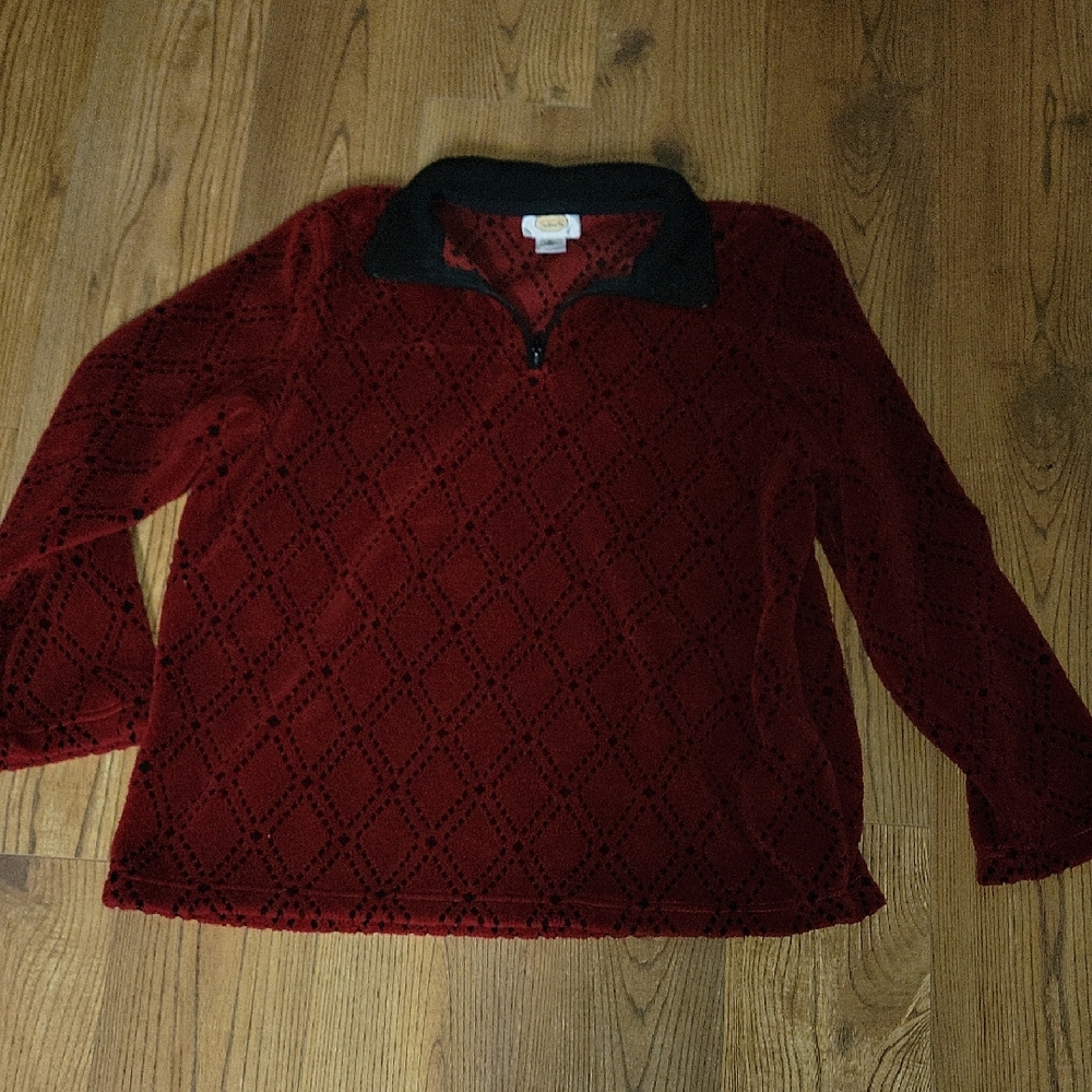 Talbots Red and Black Diamond-Pattern Half-Zip Sweater